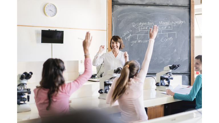 Teacher looking at girls with hands raised
