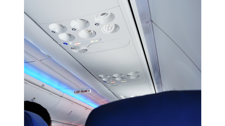 Emergency Exit sign on airplane