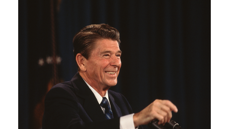 Ronald Reagan Smiling at News Conference