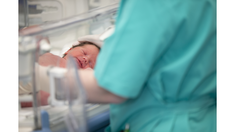 The doctor's hands in rubber gloves are holding the head of a newborn baby who lies in the medical box.