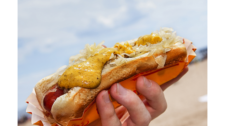 Hand holding hot dog with mustard and sauerkraut