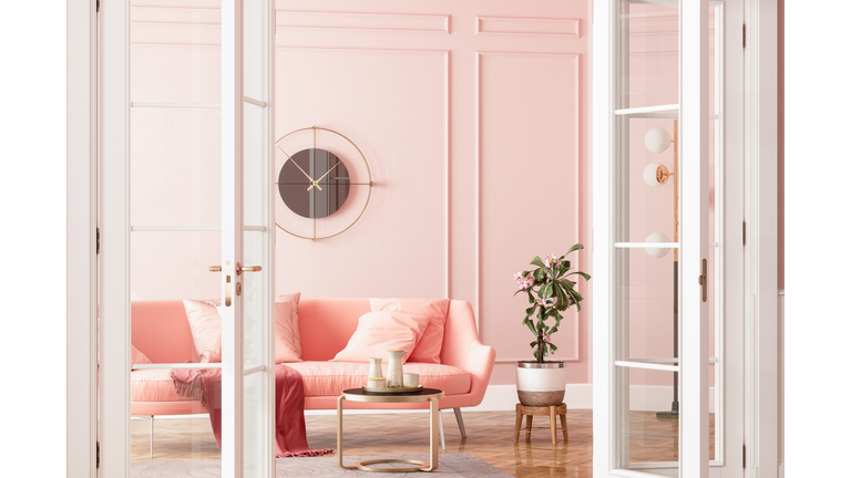 Entrance Of Living Room With Pink Sofa, Potted Plant And Coffee Table