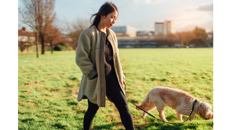 Young Asian woman walking her dog in the park on a sunny day