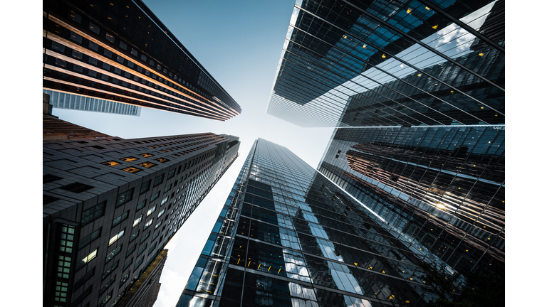 Business and Finance, Looking Up at High Rise Office Buildings in the Financial District of a Modern Metropolis