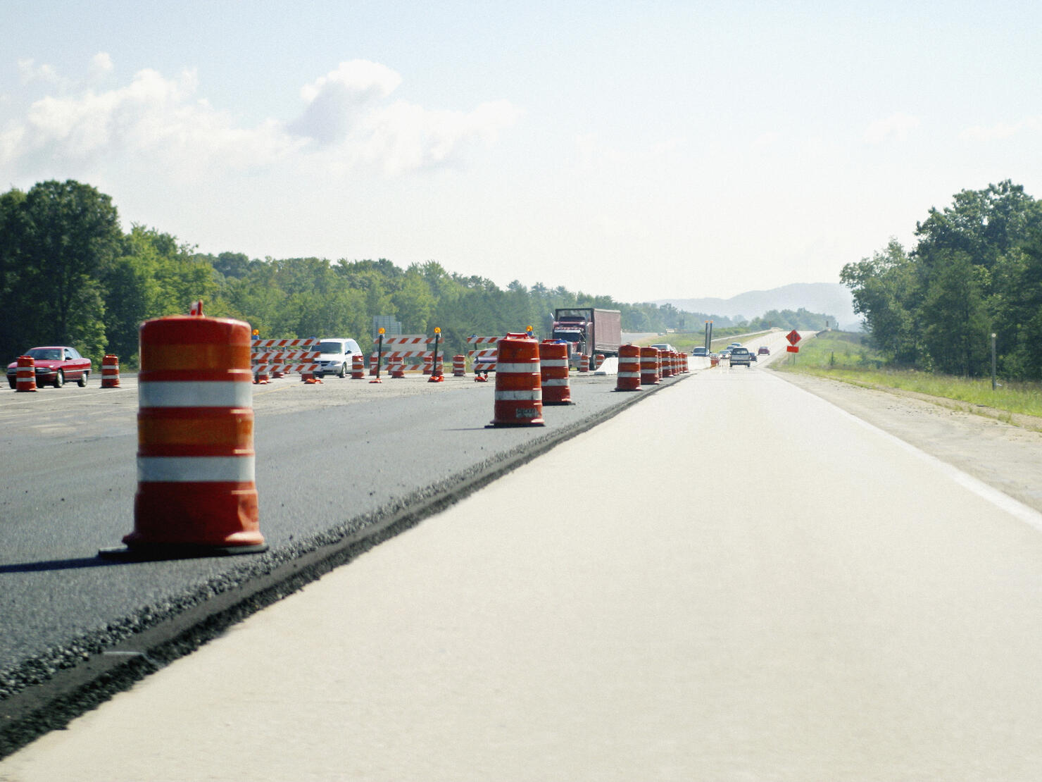 View of open road and construction markers