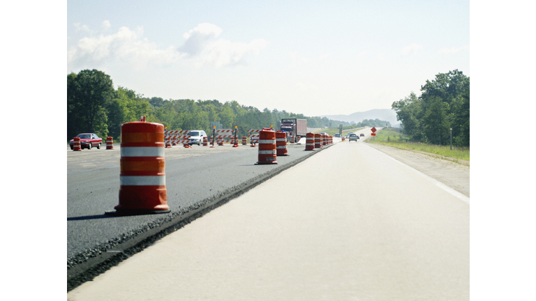 View of open road and construction markers