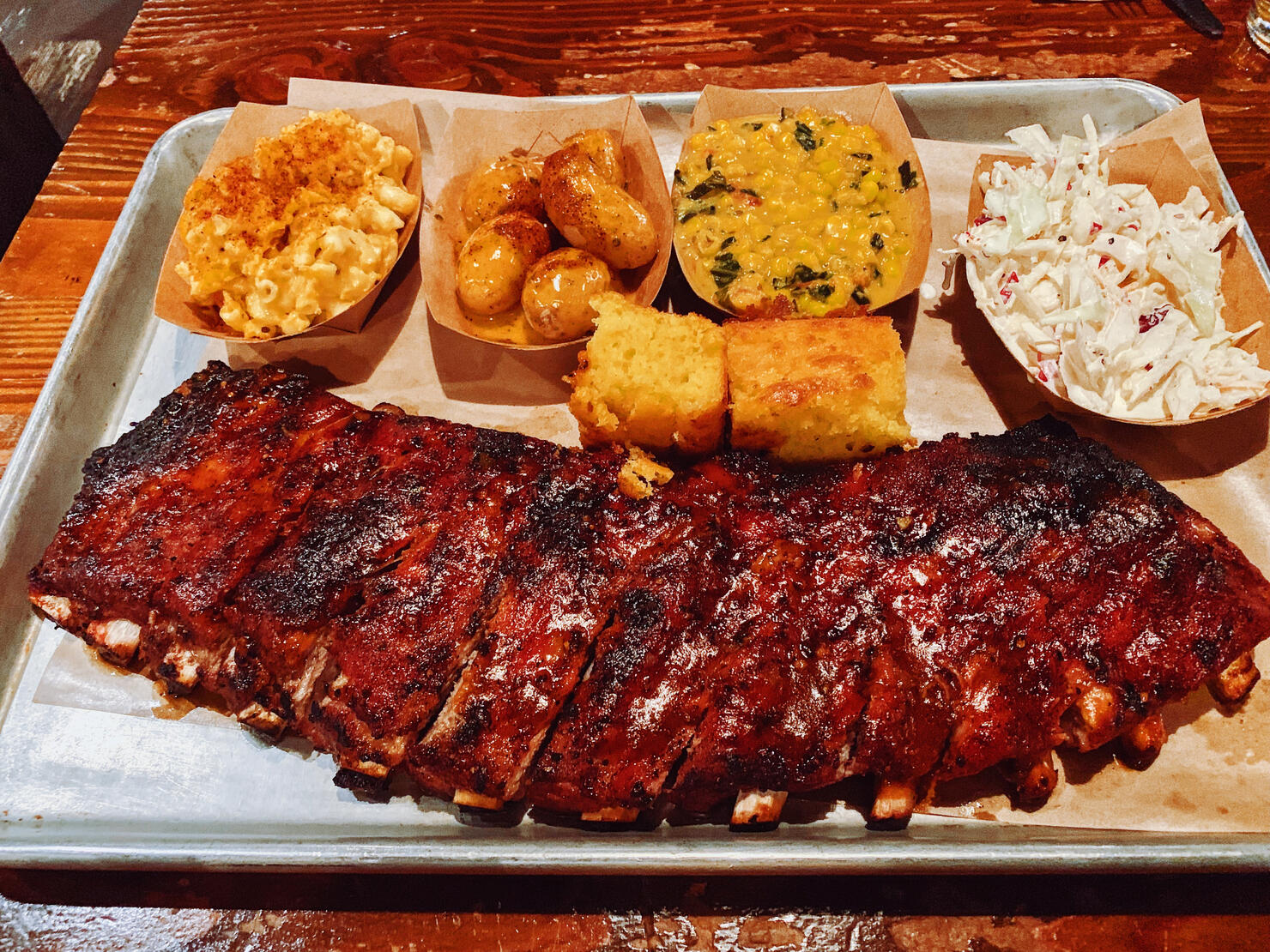 Rack of barbecue pork ribs in a grill restaurant