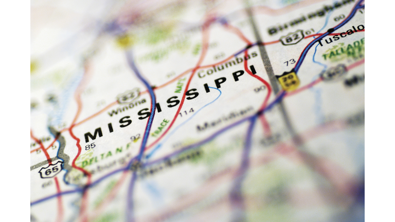 Map of Mississippi, extreme close-up
