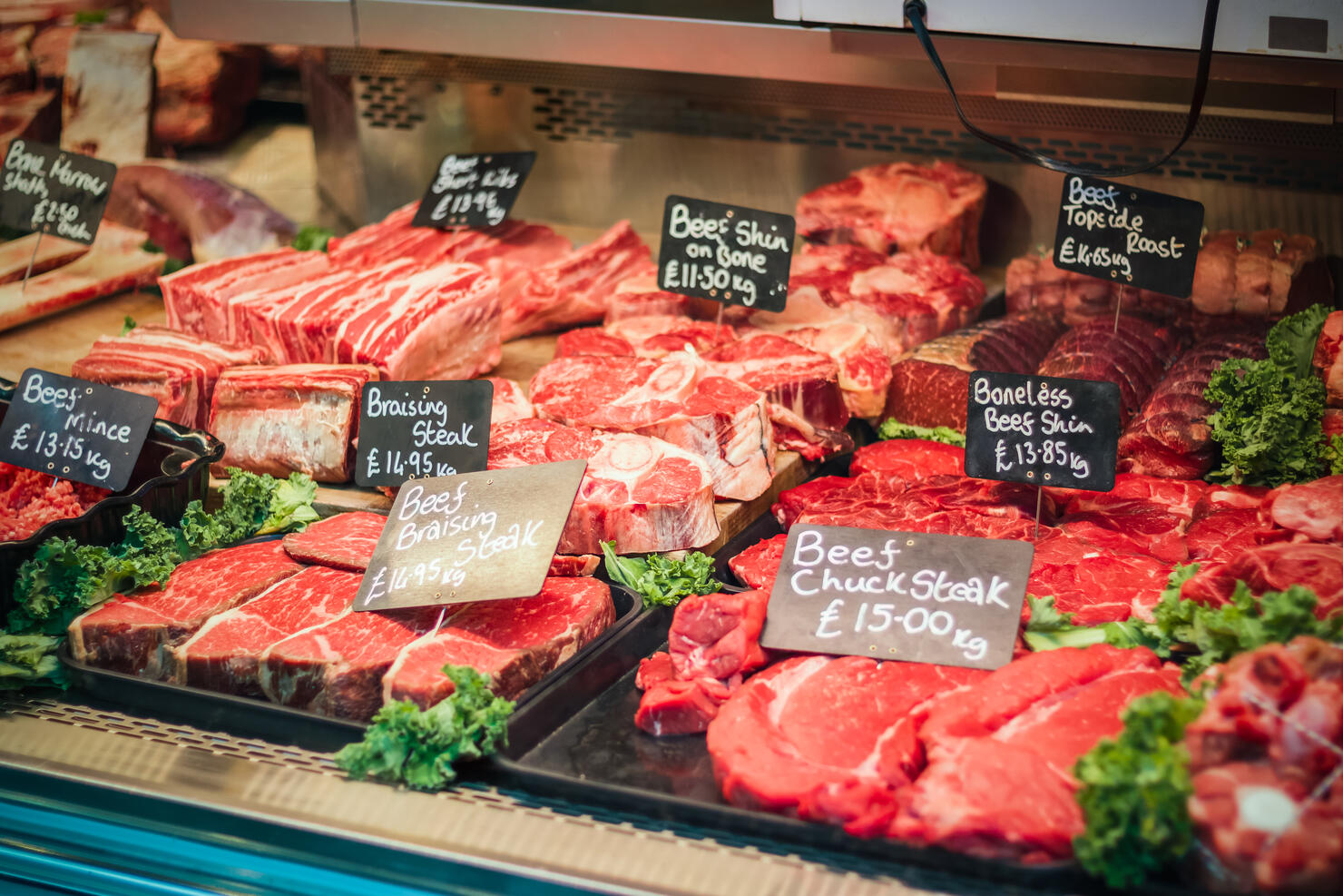 Counter of a butcher's shop in Borough Market in London, England