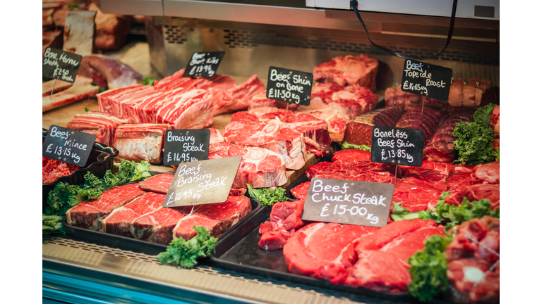 Counter of a butcher's shop in Borough Market in London, England