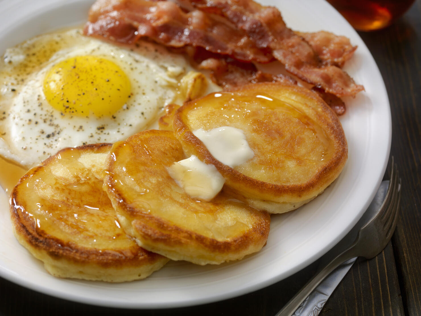 Grand Slam Breakfast - Pancakes, Bacon and Eggs