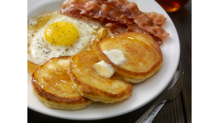 Grand Slam Breakfast - Pancakes, Bacon and Eggs