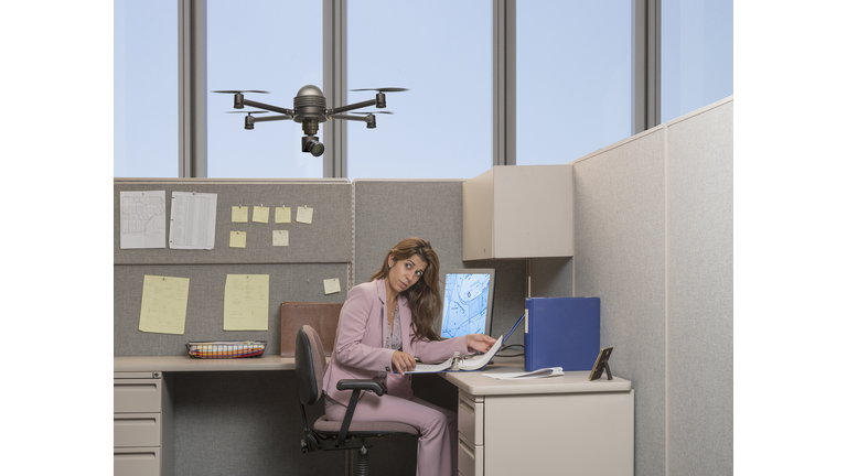 Drone hovering over Hispanic businesswoman in office