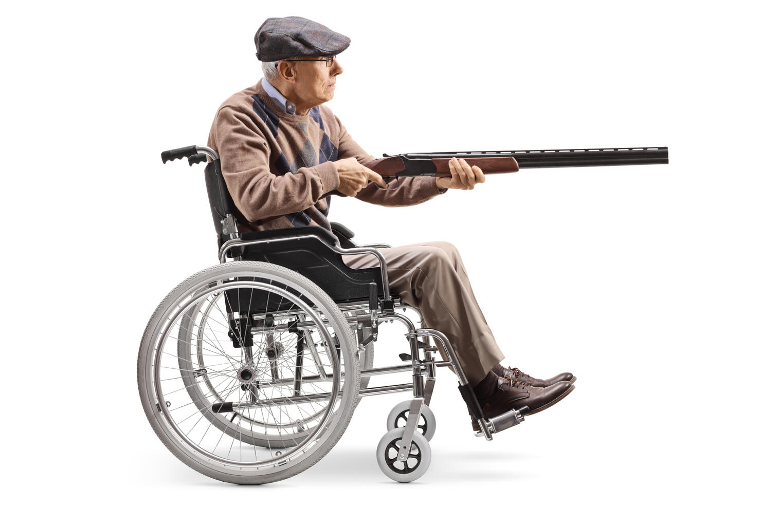 Elderly man in a wheelchair aiming with a shotgun