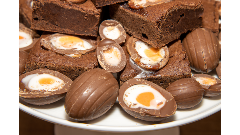 A plate of delicious chocolate cream easter egg brownies, chocolate easter eggs treat