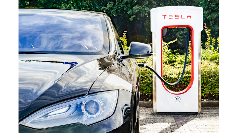 Tesla Model S electric car at a supercharger charging station