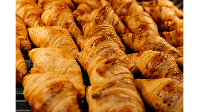 Close-up of freshly baked tasty croissants, placed in rows on a black tray. Food concept.