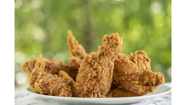 Delicious homemade oven baked fried chicken on a white plate, side view. Closeup.