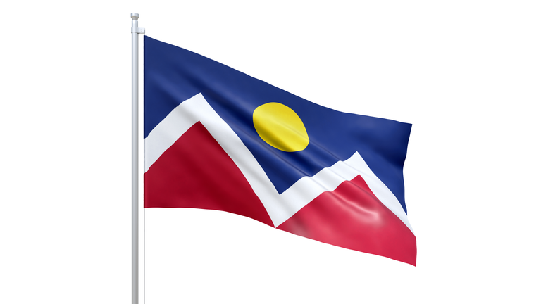 Denver (city in Colorado state) flag waving on white background, close up, isolated. 3D render