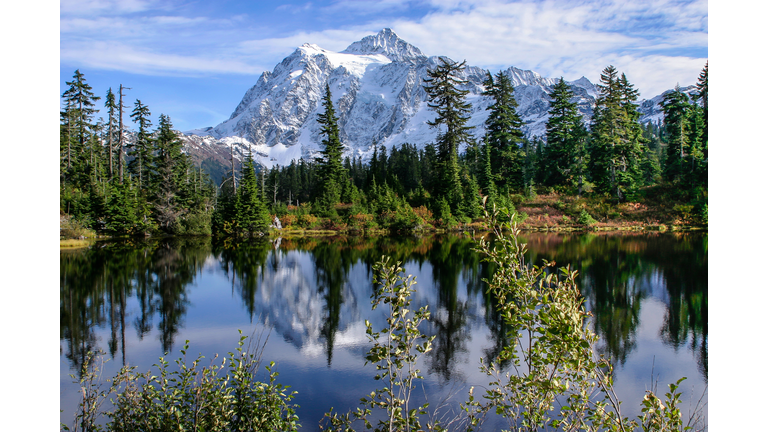 View of lake in mountains, Mount Shuksan, North Cascades National Park, Seattle, Washington Sate, USA