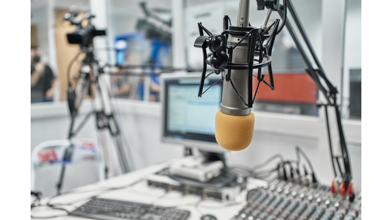 Radio station microphone in broadcast room.