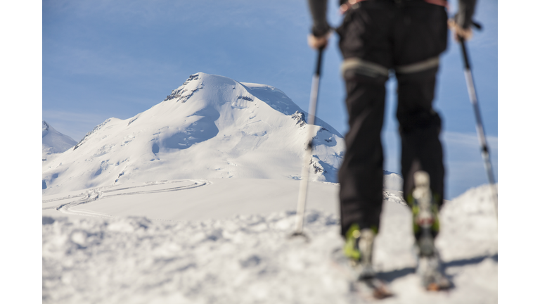 Man cross-country skiing in North Cascades National Park, Washington State, USA