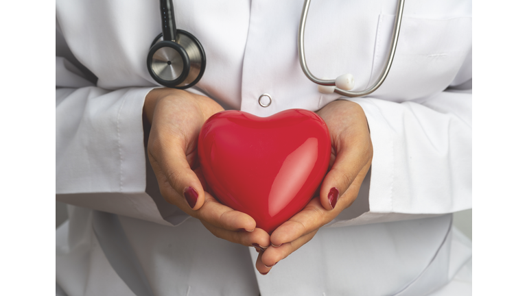 Medicine doctor holding red heart shape in hand, medical concept stock photo