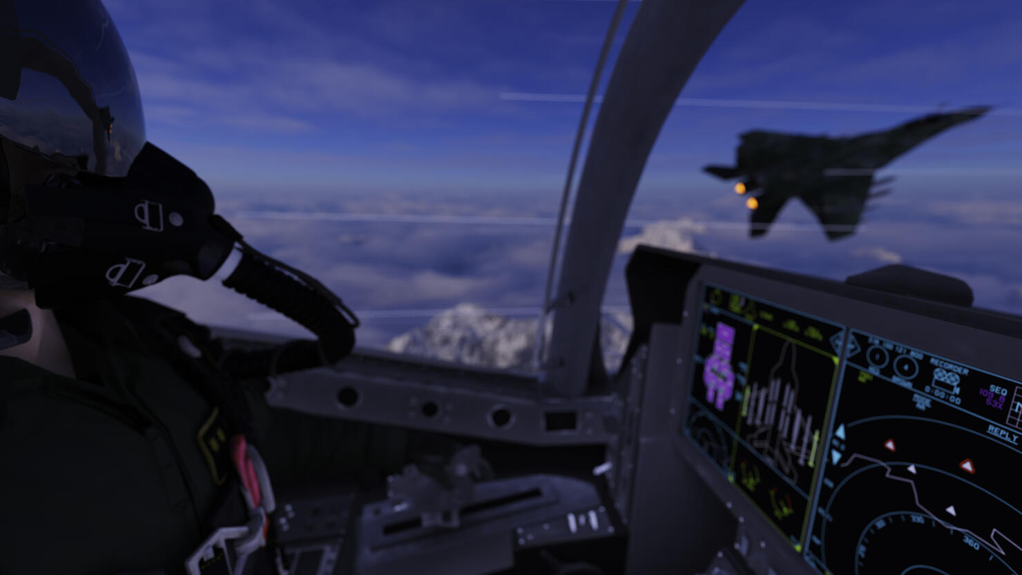 Jet fighter pilot viewing  enemy aircraft on left wing in cockpit view 3d render