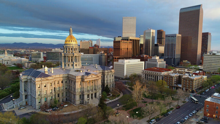 Sunrise downtown Denver Colorado cityscape