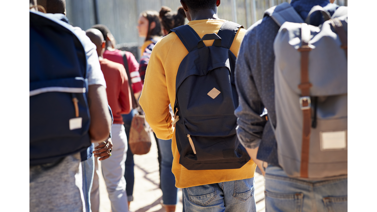 Male and female adult students walking at campus