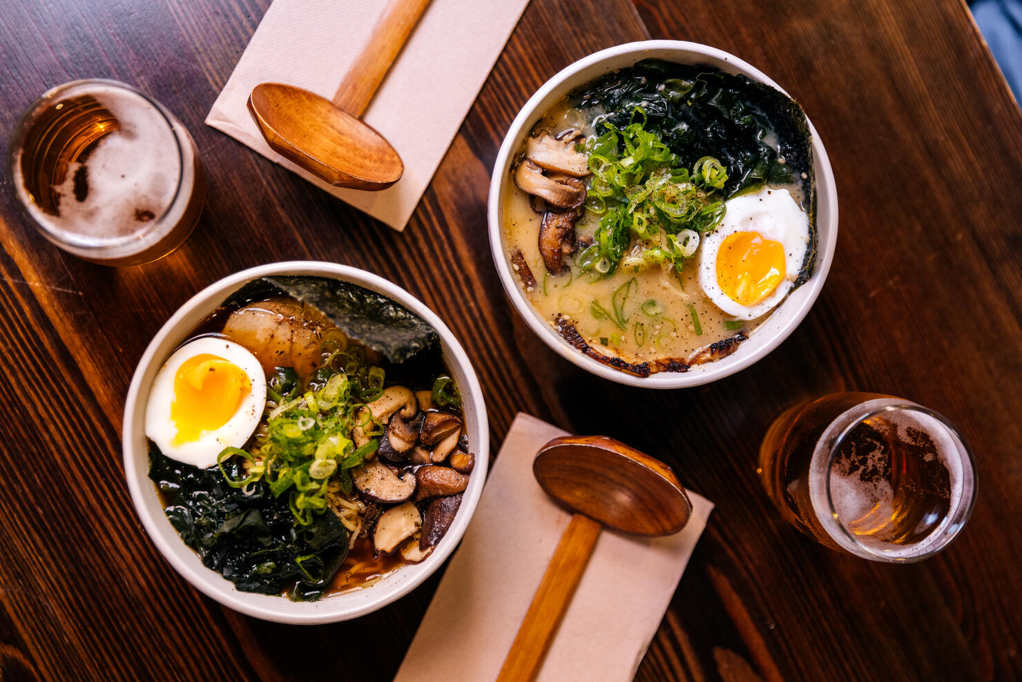 Ramen soup served at the restaurant, directly above view