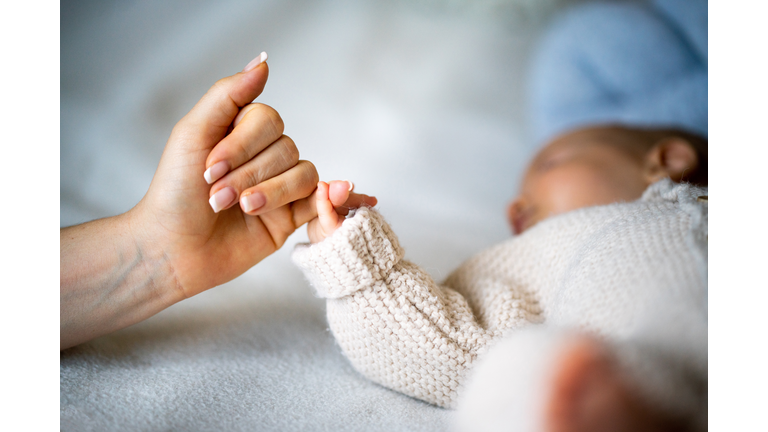 Hand holding newborn baby's hand