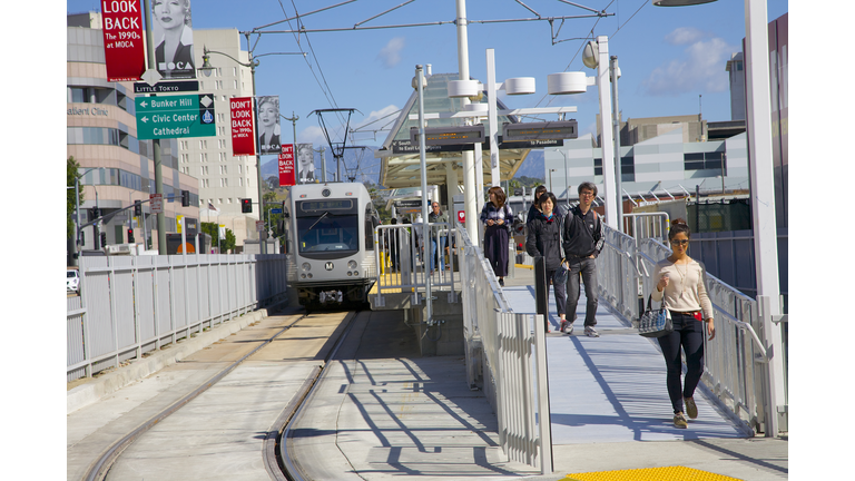 Passengers getting off Metro train, Los Angeles