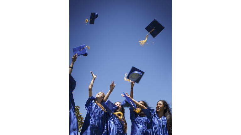 Excited graduates throwing caps into the air