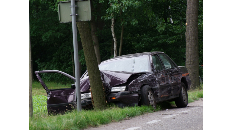 Purple car crashed, head on into a tree near the road 