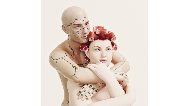 Male cyborg holding overweight human woman with curlers