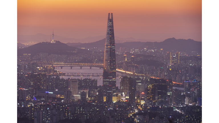 Seoul skyline with Lotte Tower at sunset