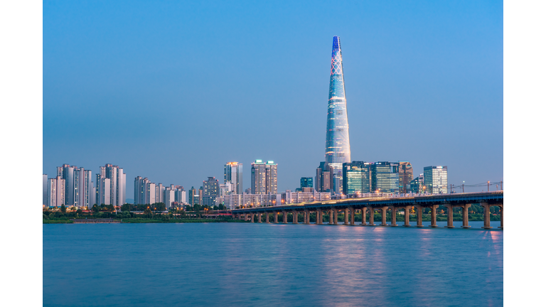 Jamsil railway bridge and Lotte World Tower, Seoul, South Korea