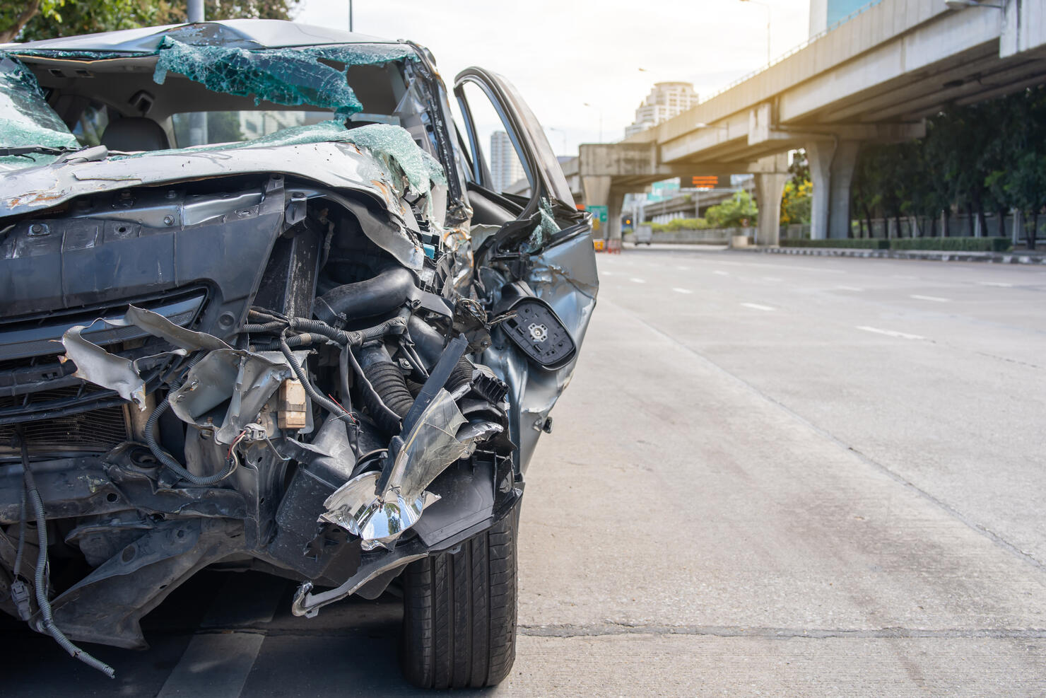 Car crash accident on the road, damaged automobiles after collision in city