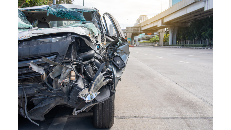 Car crash accident on the road, damaged automobiles after collision in city