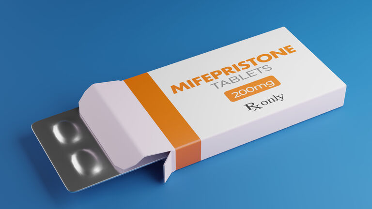 Mifepristone tablets in box. RU-486 Medical abortion pills. Used in combination with misoprostol 3D rendering.