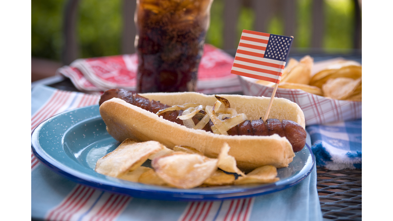 Barbeque Hot Dog, Fourth of July Picnic Table & Patriotic Food