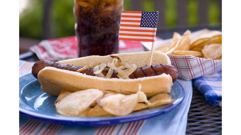 Barbeque Hot Dog & Patriotic American Food & Picnic Table