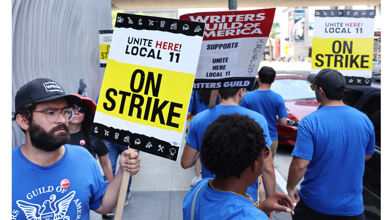 WGA Writers Join Striking Hotel Workers On The Picket Line In Los Angeles