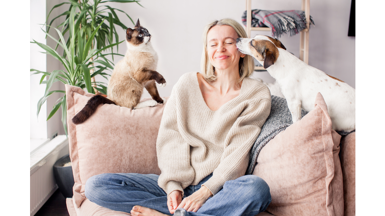 Happy woman playing with her dog on the couch at home