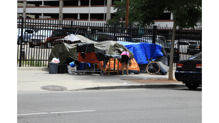 Primitive shelters and tents in the homeless shanty town