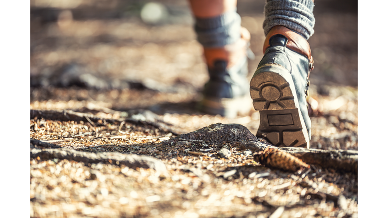 Rear view of hikers man or woman with boots walking.