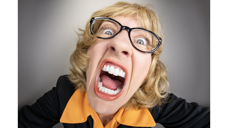 Funny Fisheye Older Woman in a Fit of Rage