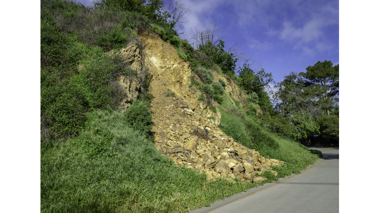Landslide along fire road in Runyon Canyon due to heavy rains, Los Angeles, CA.