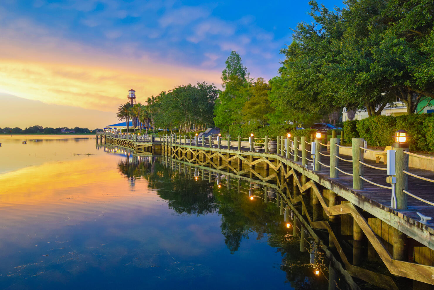 Waterfront Boardwalk at Sunset in The Villages, Florida